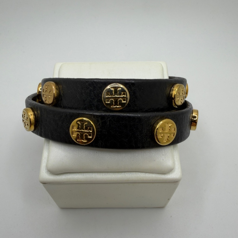 Tory Burch black leather and gold tone studded double wrap bracelet! - Picture 6 of 11